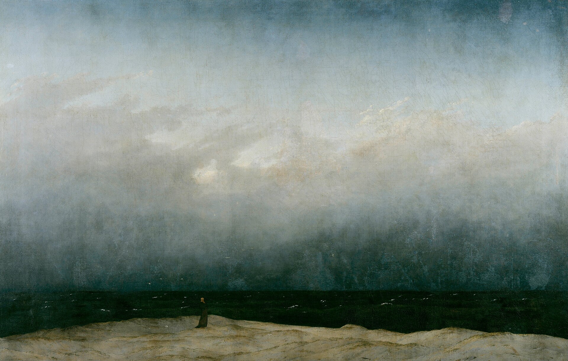 Caspar David Friedrich, Monk by the Sea: a lone figure on a pale shore before a vast dark sea and an enormous gray sky